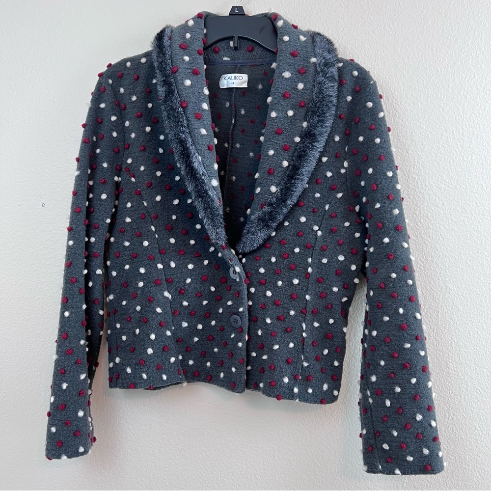 Kaliko Grey Jacket/Blazer Red White faux fur Ecelectic whimsy chic textured sz.4